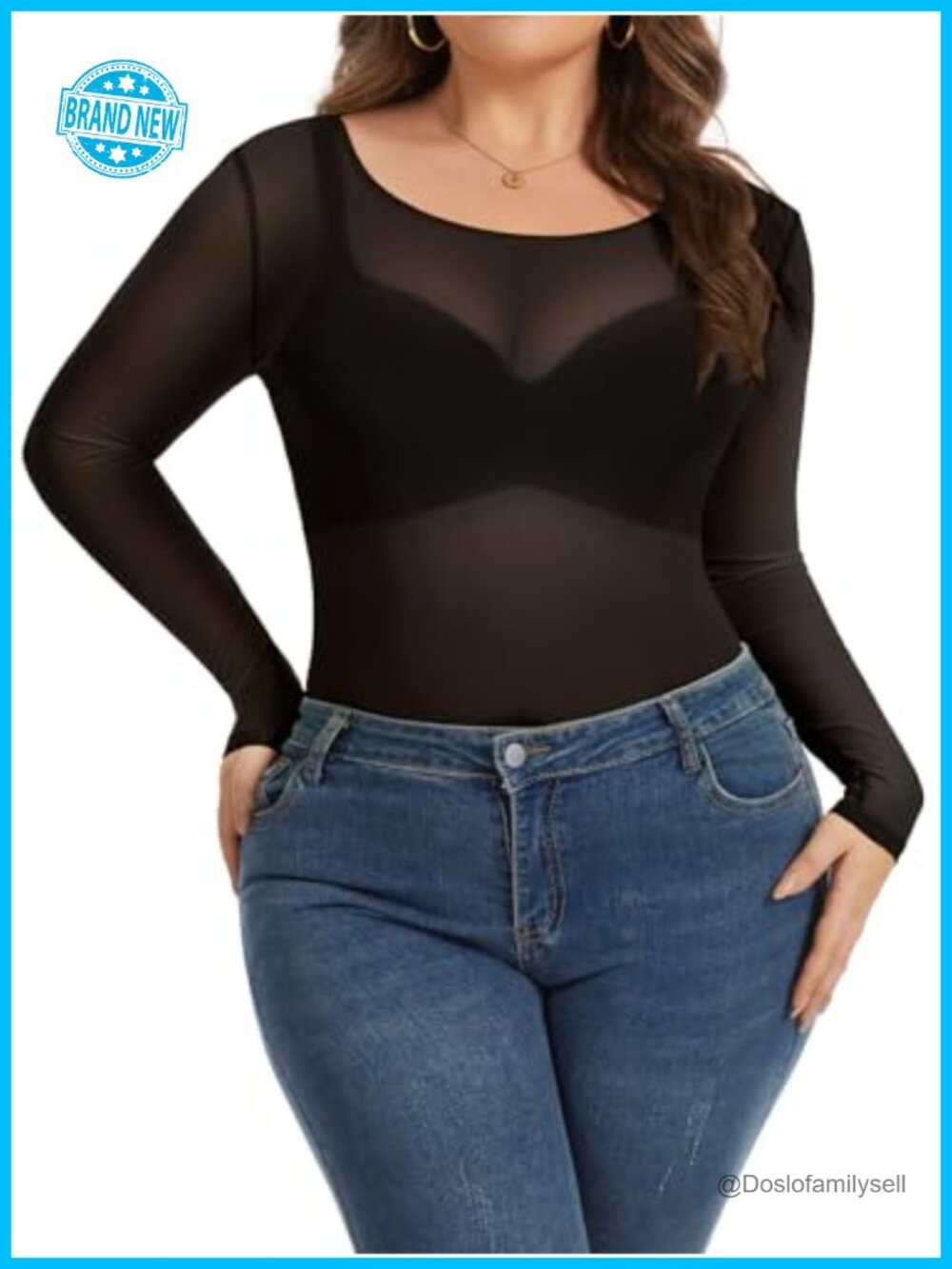 Plus Size Sheer Mesh Long Sleeve Bodycon Blouse Tee